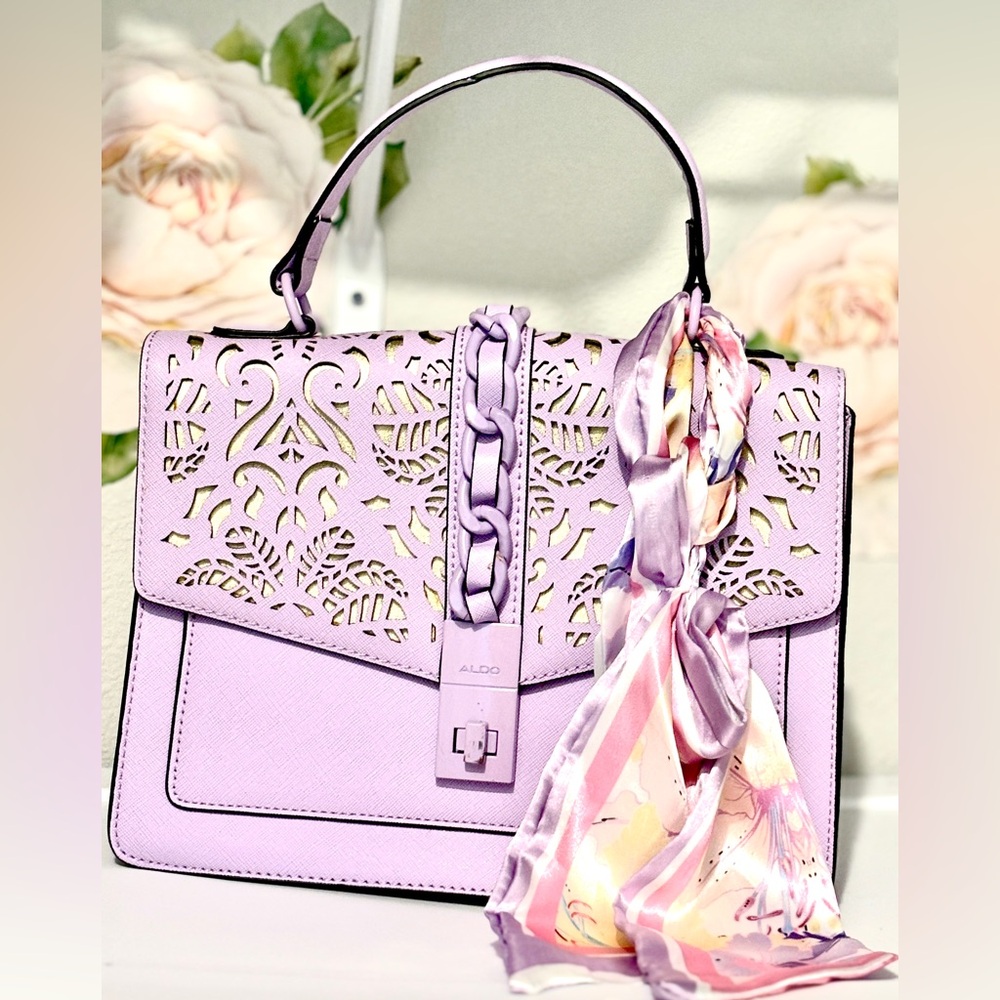 Aldo Purple Satchel with Intricate Cutwork and Silk Scarf